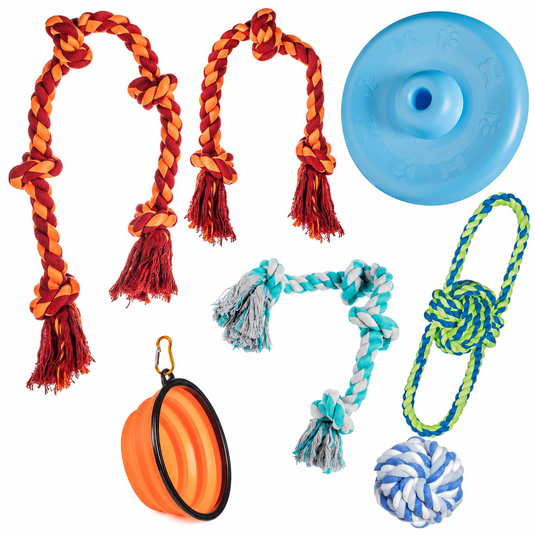 7-Piece Big Dog Toy Bundle – Rope Toys, Frisbee & Travel Bowl - Free Shipping!