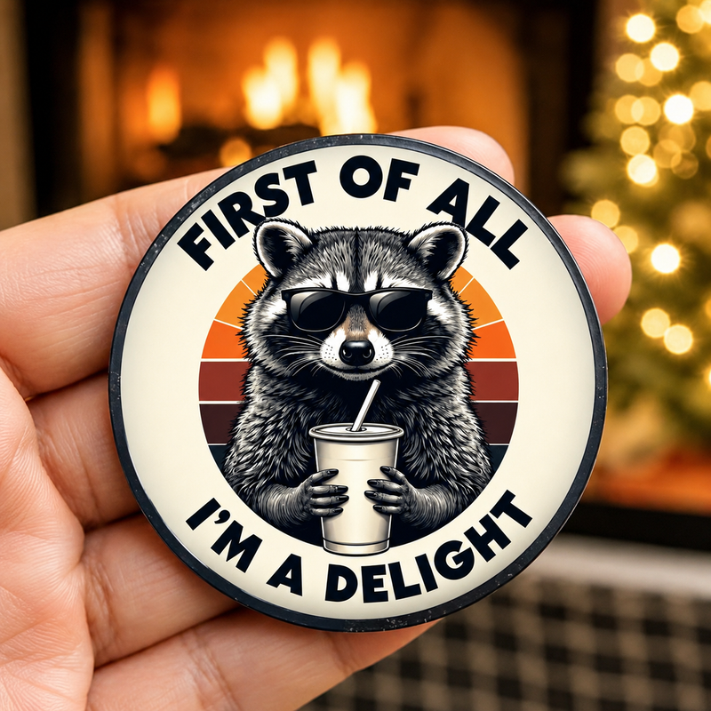 Load image into Gallery viewer, Top Tier “First of All, I’m a Delight” Raccoon Magnet
